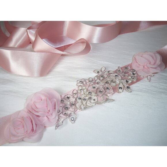 Blush Rhinestone Floral Bridal Belt Sash Wedding Prom Party Formal Pageant belt - Picture 1 of 5